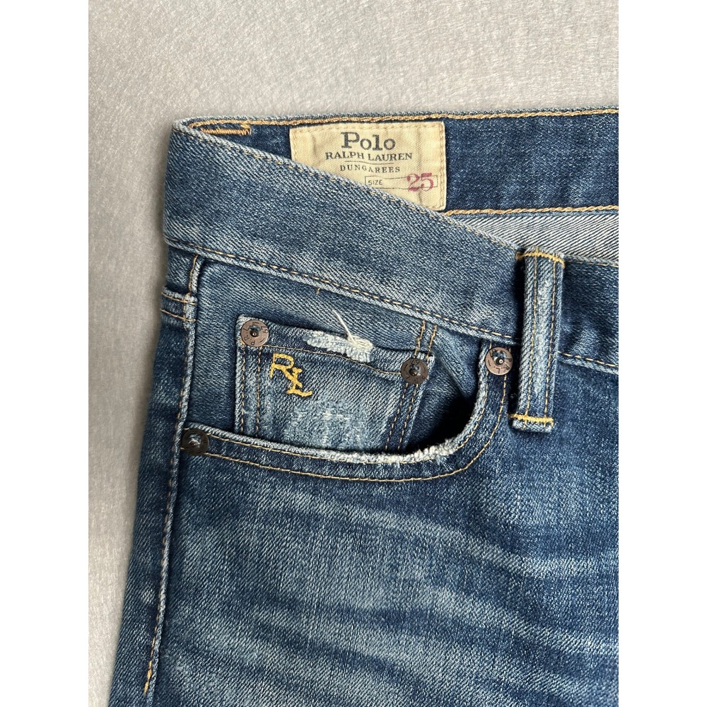 Polo Ralph Lauren Dungarees Slim Crop Jeans Blue Distressed Frayed Hem Size 25 - Picture 3 of 8